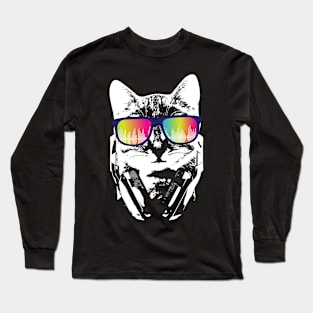 Music Cat Shirt Cool Kitten Headphones Sunglasses Long Sleeve T-Shirt